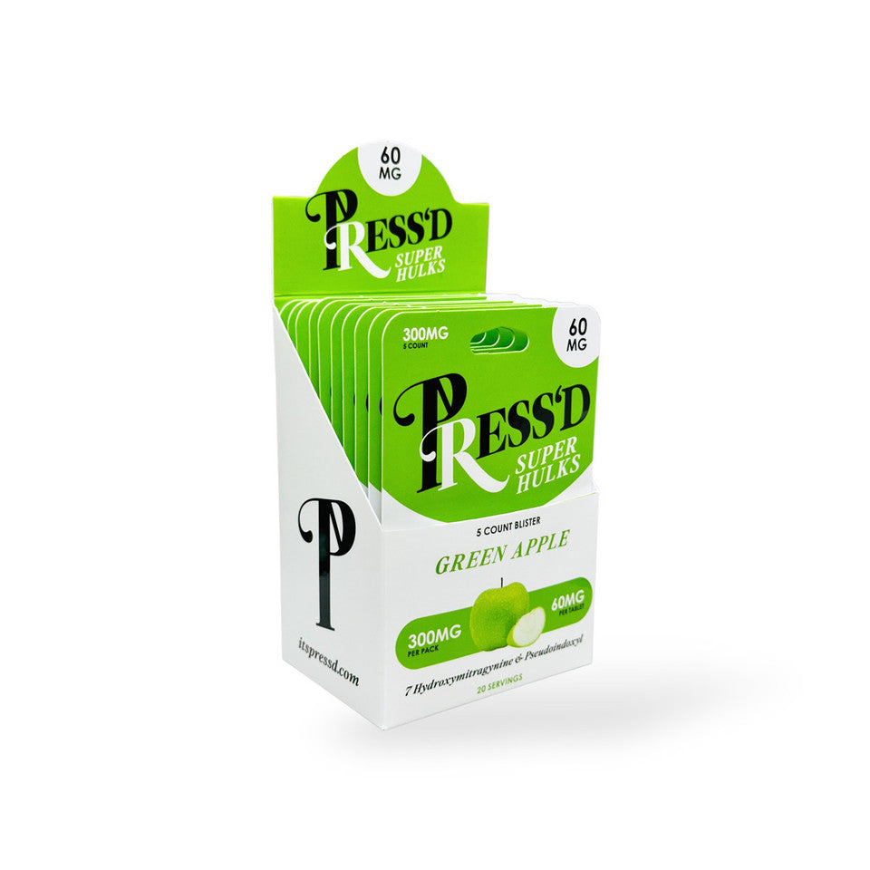 Press'D Kratom Super Hulks 7-hydroxymitragynine & Pseudoindoxyl Green Apple 60mg Per Tablet