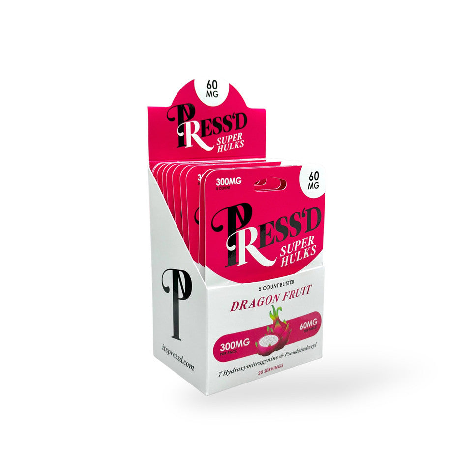 Press'D Kratom Super Hulks 7-hydroxymitragynine & Pseudoindoxyl Dragon Fruit 60mg Per Tablet