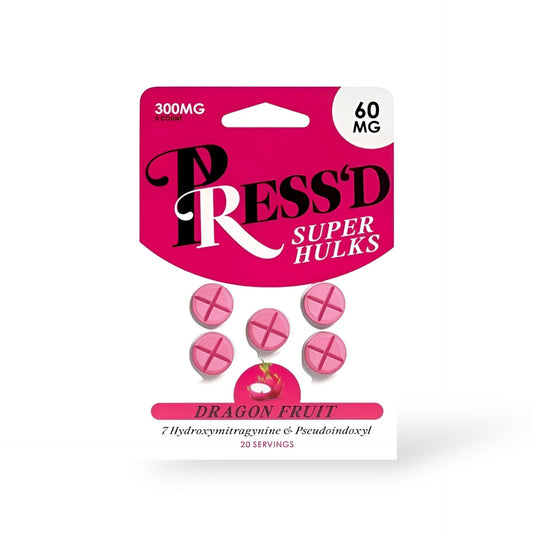 Press'D Kratom Super Hulks 7-hydroxymitragynine & Pseudoindoxyl Dragon Fruit 60mg Per Tablet
