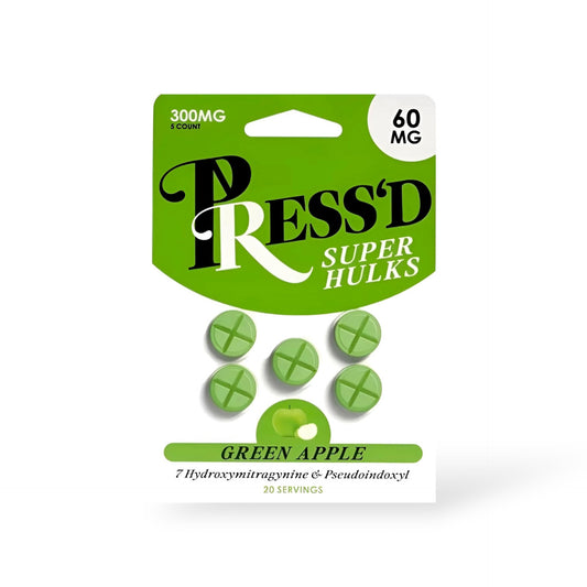 Press'D Kratom Super Hulks 7-hydroxymitragynine & Pseudoindoxyl Green Apple 60mg Per Tablet